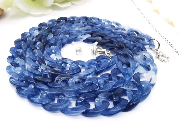 Trendy 2 in 1 Zonnebril / Ketting - Brillenkoord  Acryl schakelketting -L70 cm Blauw gemêleerd