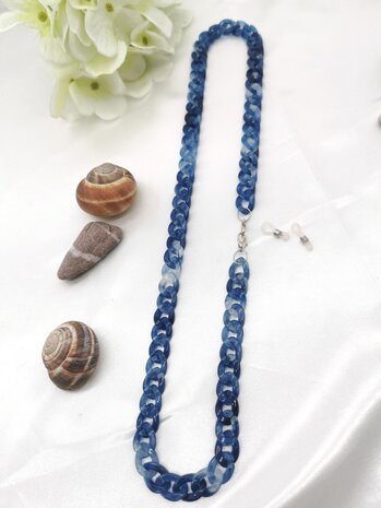 Trendy 2 in 1 Zonnebril / Ketting - Brillenkoord  Acryl schakelketting -L70 cm Blauw gemêleerd