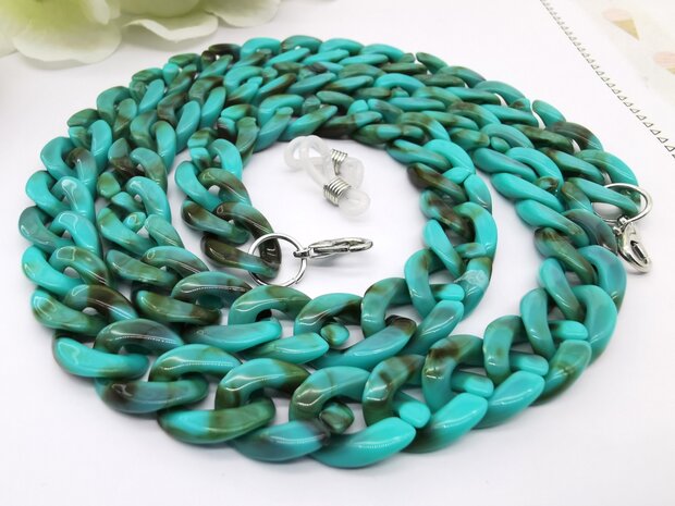 Trendy 2 in 1 Zonnebril / Ketting - Brillenkoord  Acryl schakelketting -L70 cm Turquoise gemêleerd