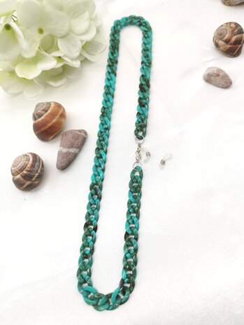 Trendy 2 in 1 Zonnebril / Ketting - Brillenkoord  Acryl schakelketting -L70 cm Turquoise gemêleerd