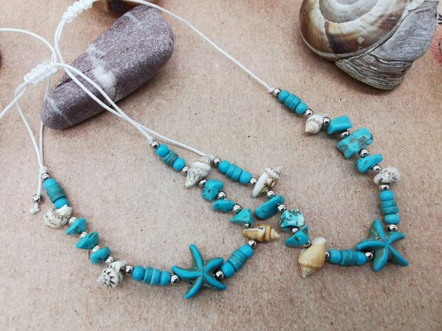 Set Armband en enkelbandje Bohemian met turquoise edelsteen, geribde fuik Horn schelp, Zeester, wit kleur touw.