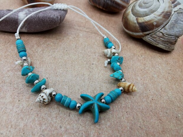 Set Armband en enkelbandje Bohemian met turquoise edelsteen, geribde fuik Horn schelp, Zeester, wit kleur touw.