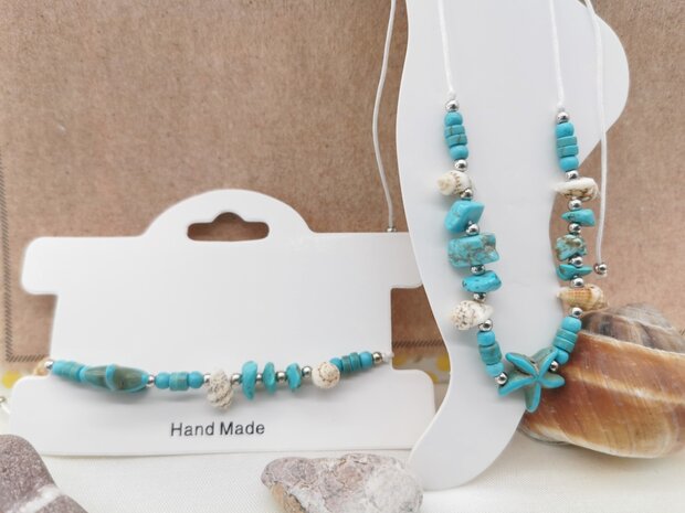 Set Armband en enkelbandje Bohemian met turquoise edelsteen, geribde fuik Horn schelp, Zeester, wit kleur touw.