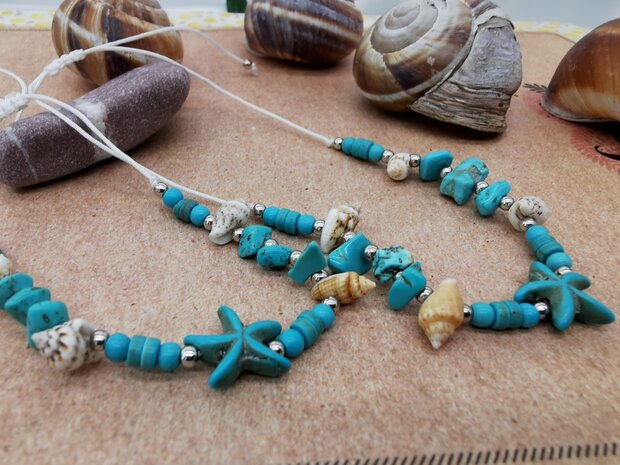 Set Armband en enkelbandje Bohemian met turquoise edelsteen, geribde fuik Horn schelp, Zeester, wit kleur touw.