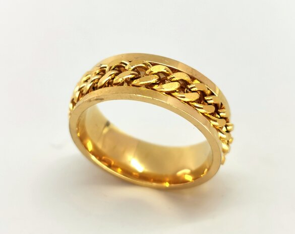 RVS goud kleur ringen met losse schakel ketting in midden in die je mee kan draaien. doos 36st