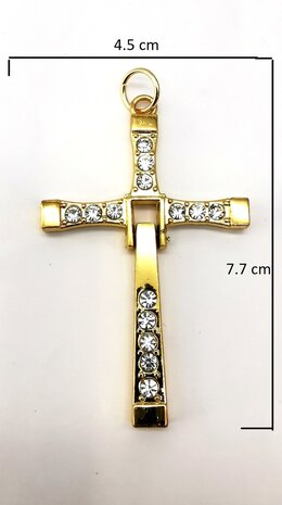 Edelstahl, goldfarbenes Kreuz mit 14 Kristallen.