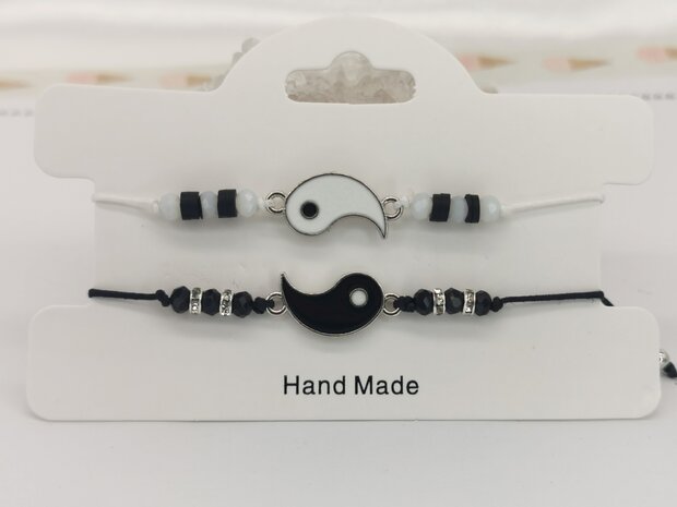 Hip - Freundschaft - Beste Freunde - Armbänder - Duo - Yin Yang - Schwarz / Weiß - Nylonseil - Größe 13 - 23 cm.