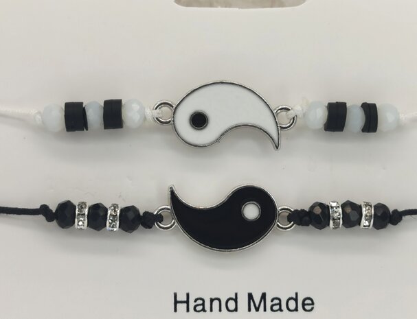 Hip - Vriendschap - Best Friends - Armbandjes - duo - Yin Yang - Zwart / Wit -  Nylon touw - Maat 13 - 23 cm aan te schuiven.