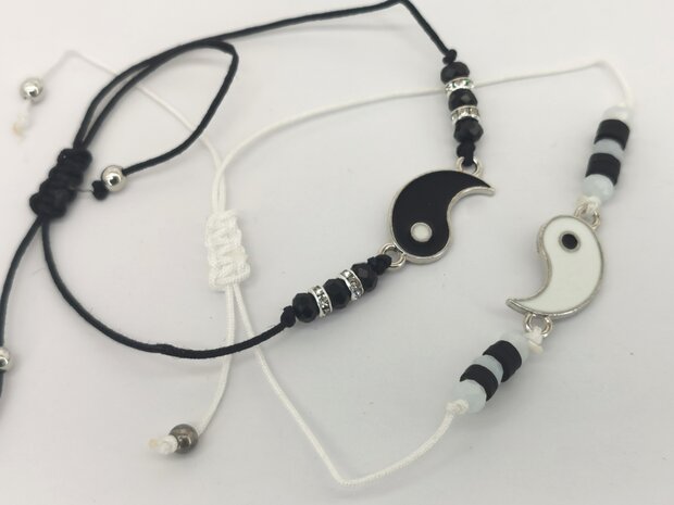 Hip - Freundschaft - Beste Freunde - Armbänder - Duo - Yin Yang - Schwarz / Weiß - Nylonseil - Größe 13 - 23 cm.