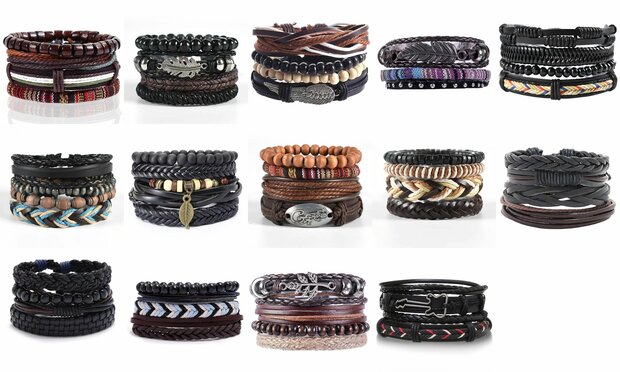 15 Set met 4 trendy van leer, kralen en touw armband. pakket 1