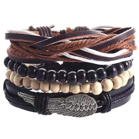 15 Set met 4 trendy van leer, kralen en touw armband. pakket 1