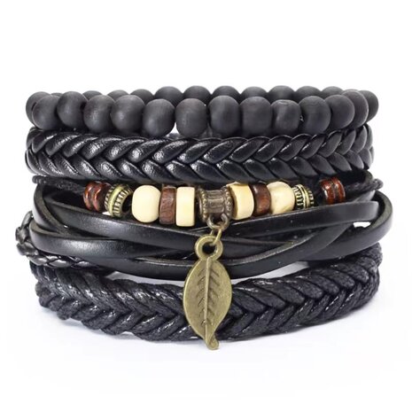 15 Set met 4 trendy van leer, kralen en touw armband. pakket 1