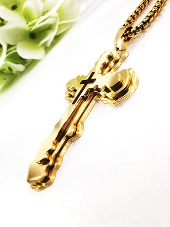Wunderschöner goldfarbener orthodoxer 3-lagiger Kreuzanhänger aus Edelstahl für Männer.