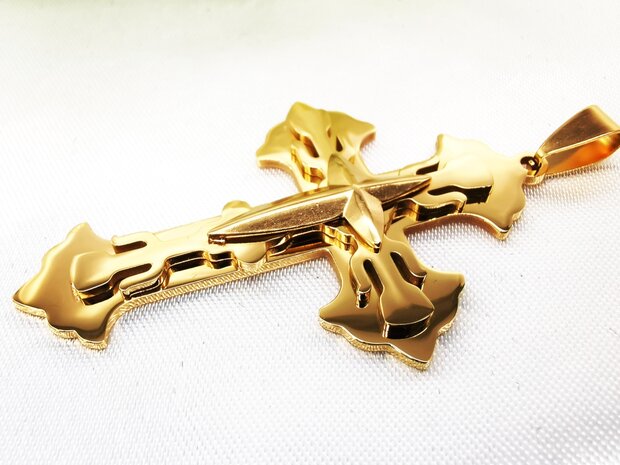 Wunderschöner goldfarbener orthodoxer 3-lagiger Kreuzanhänger aus Edelstahl für Männer.