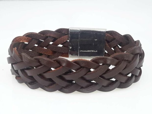 Leren armband breed, bruin, gevlochten, magneetsluiting