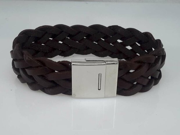 Leren armband breed, bruin, gevlochten, magneetsluiting