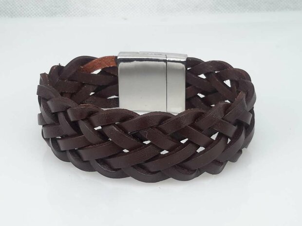 Leren armband breed, bruin, gevlochten, magneetsluiting