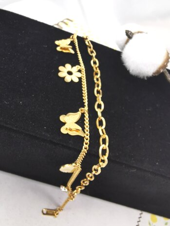 Doppeltes goldfarbenes Gliederarmband mit 5 Anhängern