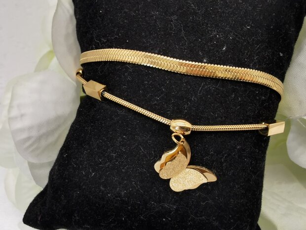 Doppeltes goldfarbenes Gliederarmband mit 1 Schmetterlingen.