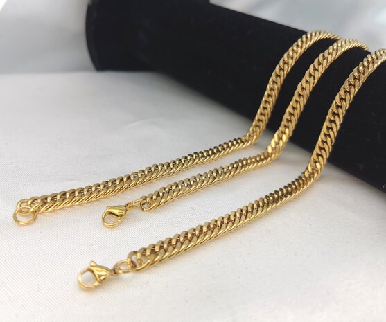 Set aus Edelstahl-Halskette und Armband mit goldfarbenen kubanischen Gliedern.