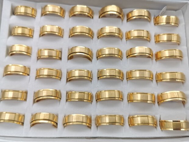 RVS Goudkleurig anti stress ring met geborsteld boven ring, doos 36 stuks 