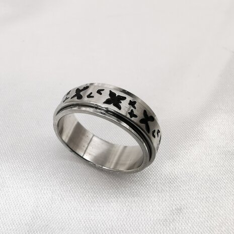 Edelstahl-Stressring silber mit schwarzem Schmetterling motiv, Box 36 Stück.