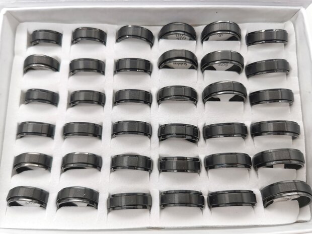 Schwarzer Anti-Stress-Ring aus Edelstahl mit gebürstetem Schwarz, Box 36 Stück.