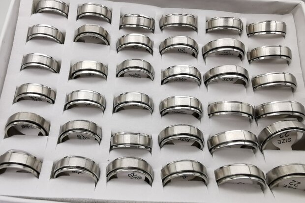 Silberfarbener Anti-Stress-Ring aus Edelstahl mit gebürstetem Silber-Oberring, Box 36 Stück