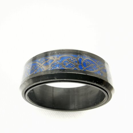 RVS zwart anti stress ring met donker blauw ring en motief teken, doos 36 stuks 