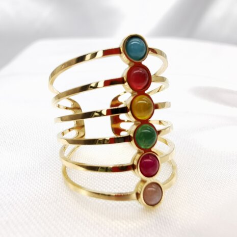 RVS brede elegant ring  met multicolor natuursteentjes. One-size