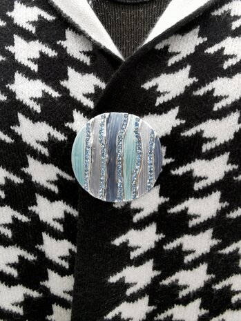 Magneet broche, rond, Blauw, strass steentjes, Ø 38 mm.