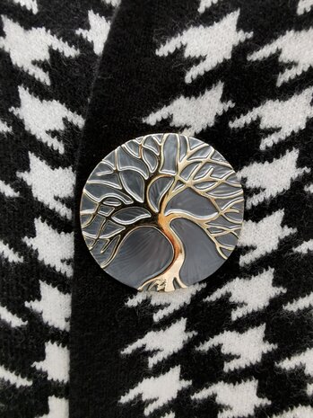 Magneet broche, Tree of Life rond, grijs/goud kleur, Ø 44 mm.