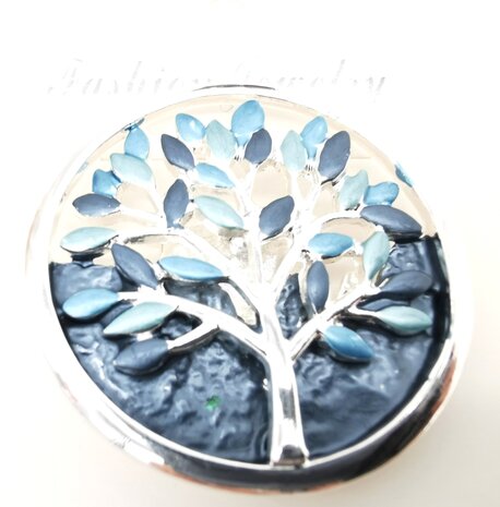 Magneet broche, Levensboom Design, blauw bladeren en zilverkleur nerf, Ø 46 mm.