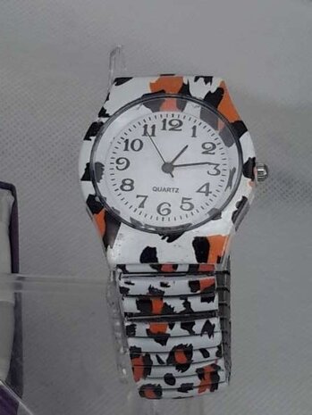 Dames rekband horloge met witte tijger print.