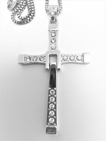 „Fast and Furious“ Edelstahl-Halskette mit beweglichem Kreuz-Anhänger mit 16 Zirkonia-Steinen