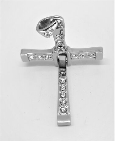 „Fast and Furious“ Edelstahl-Halskette mit beweglichem Kreuz-Anhänger mit 16 Zirkonia-Steinen