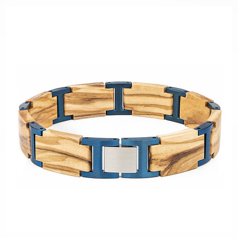 Vurig Olijf houten Armband, RVS tussenschakels blauwkleurig