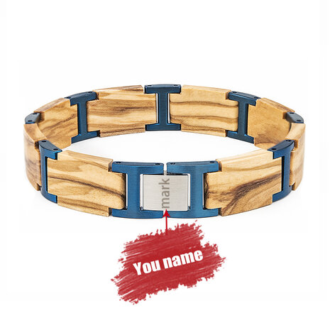 Vurig Olijf houten Armband, RVS tussenschakels blauwkleurig