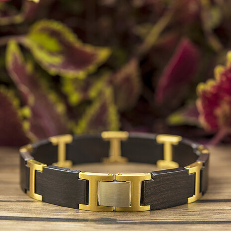 Donkerzwart Ebony houten Armband, RVS tussenschakels goudkleurig