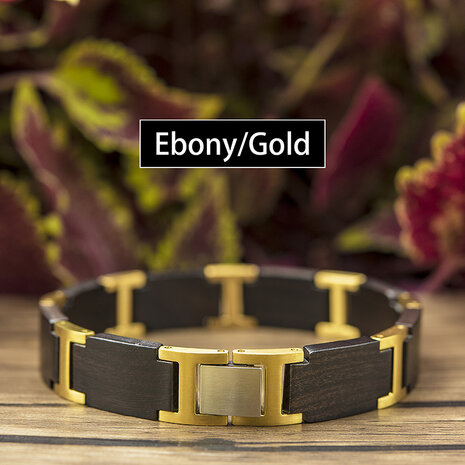 Donkerzwart Ebony houten Armband, RVS tussenschakels goudkleurig