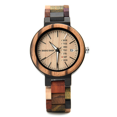 Dunklem Holzuhr, Armband aus Holzgliedern, Beige Zifferblatt, Tag und Datum, Uhrenschließe