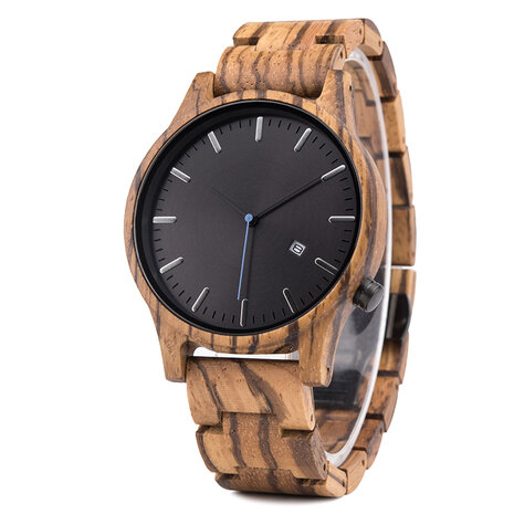 Zebra houten horloge, band houten schakels, dag-cijfer, horlogesluiting