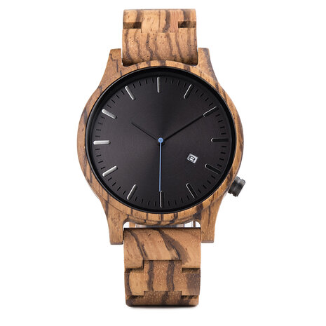 Zebra houten horloge, band houten schakels, dag-cijfer, horlogesluiting