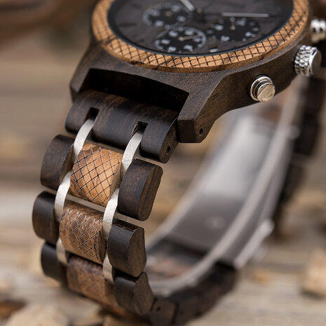 donker houten Chronograaf horloge, band houten & RVS schakels, dag, horlogesluiting