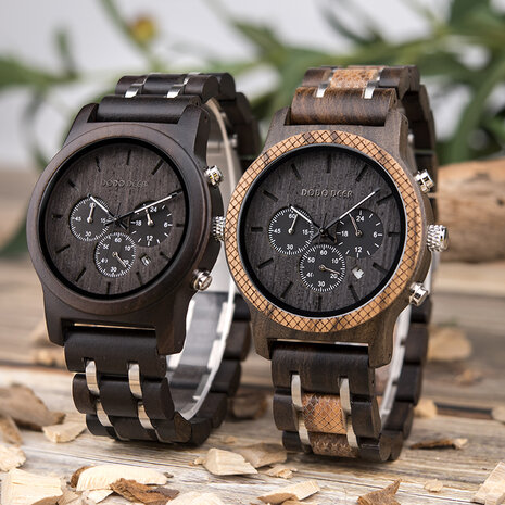 Zwartbruin houten Chronograaf horloge, band houten & RVS schakels, dag, horlogesluiting