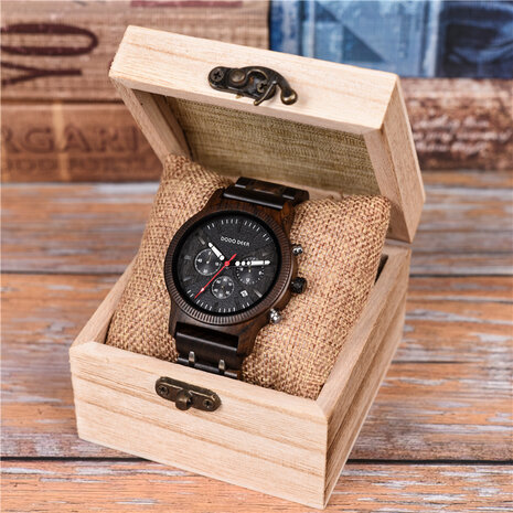 Bruinzwart houten Chronograaf horloge, band houten & RVS schakels, dag, horlogesluiting