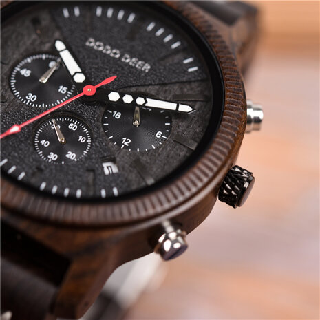 Bruinzwart houten Chronograaf horloge, band houten & RVS schakels, dag, horlogesluiting