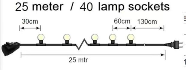 partykabel, 25 mtr 40 fittingen + contrastekker