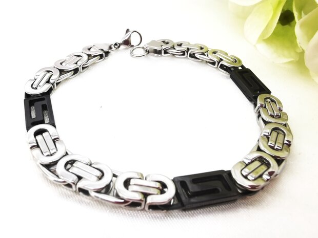 Edelstahl-Armband für Herren, zweifarbig, flaches King-Link-Schwarz/Silber mit griechischem Motiv, schwarzes Blockdesign