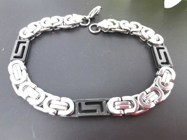 Edelstahl-Armband für Herren, zweifarbig, flaches King-Link-Schwarz/Silber mit griechischem Motiv, schwarzes Blockdesign